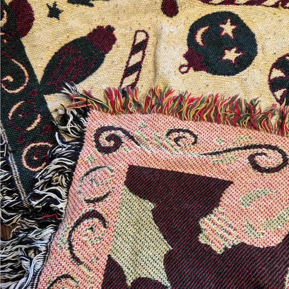 Festive Cream Holiday Throw Blanket with Red & Green Ornaments